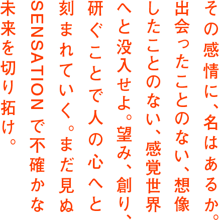 その感情に、名はあるか。出会ったことのない、想像したことのない、感覚世界へと没入せよ。望み、創り、研ぐことで人の心へと刻まれていく。まだ見ぬSENSATIONで不確かな未来を切り拓け。